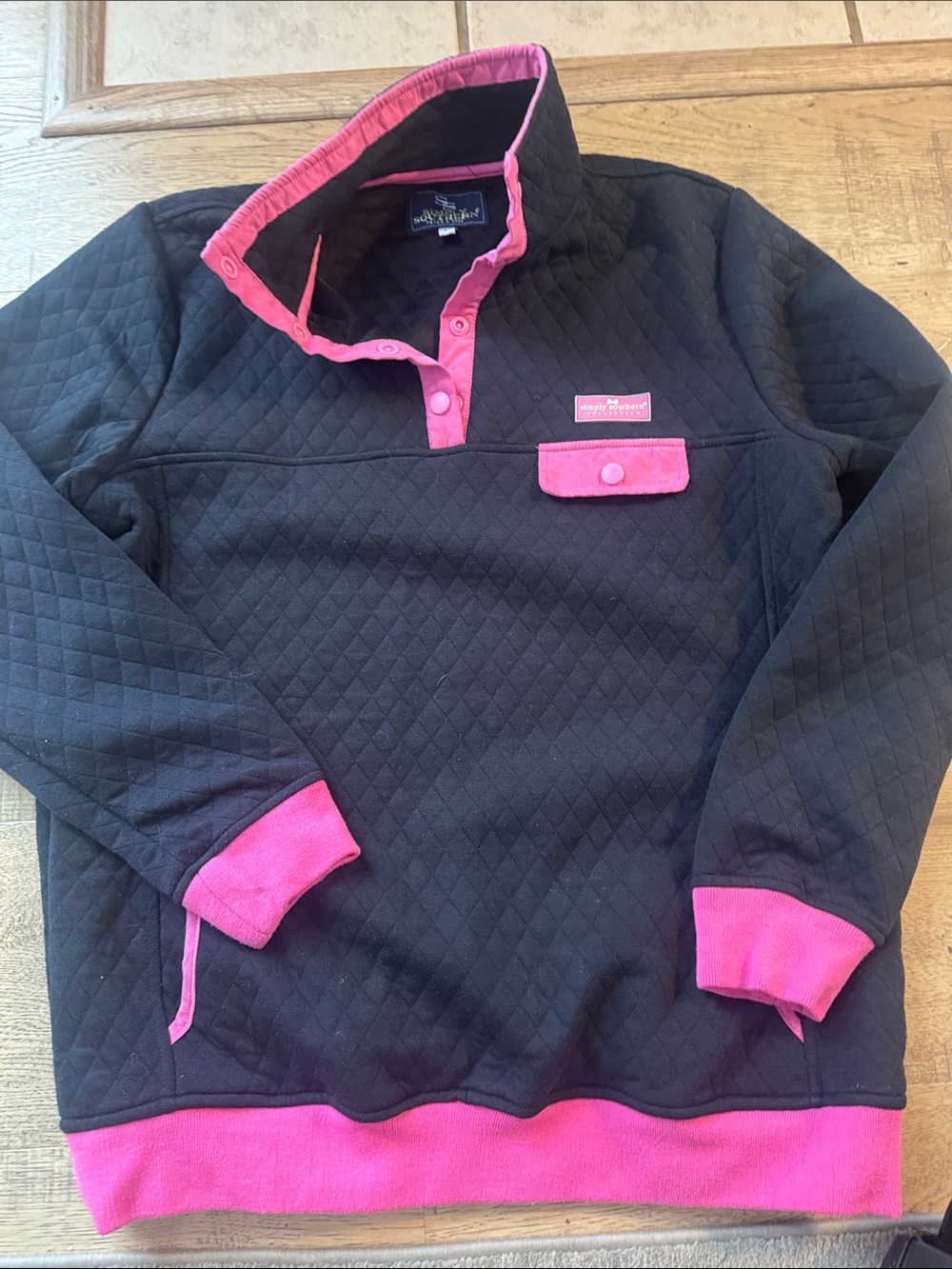 Simply Southern Black Quilted Pullover with Pink Trim